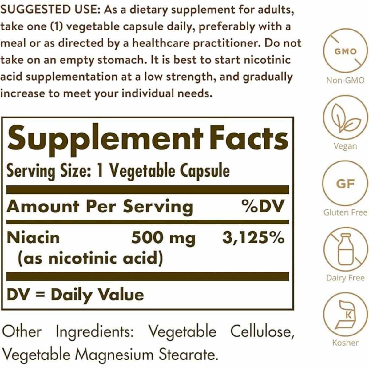 Solgar Niacina (Vitamina B3) 500 mg - 100 Cápsulas Vegetales - Tabla Nutricional - Haz Tu Pedido
