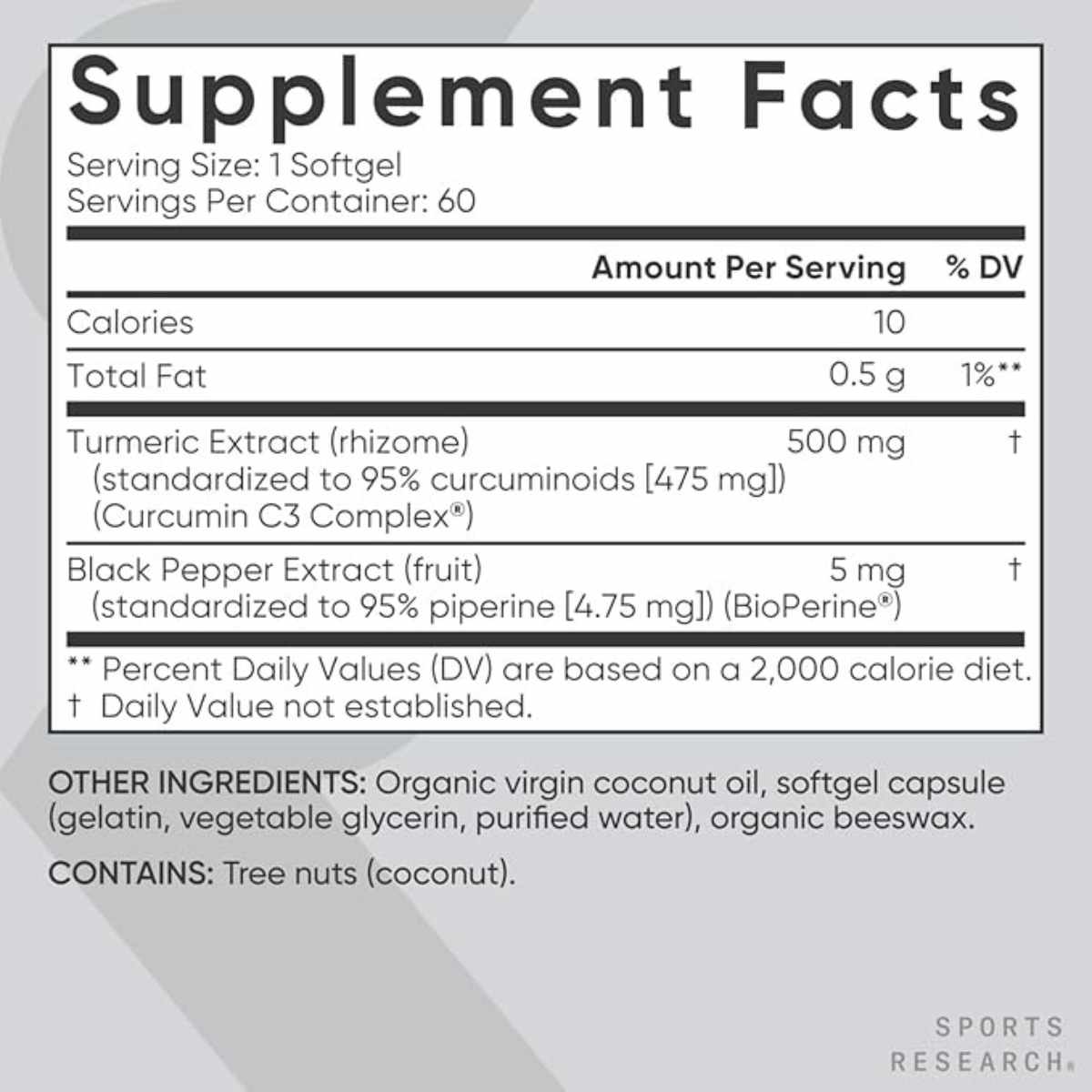 Sports Research Complejo de Cúrcuma - 60 Cápsulas Blandas - Tabla Nutricional - Haz Tu Pedido