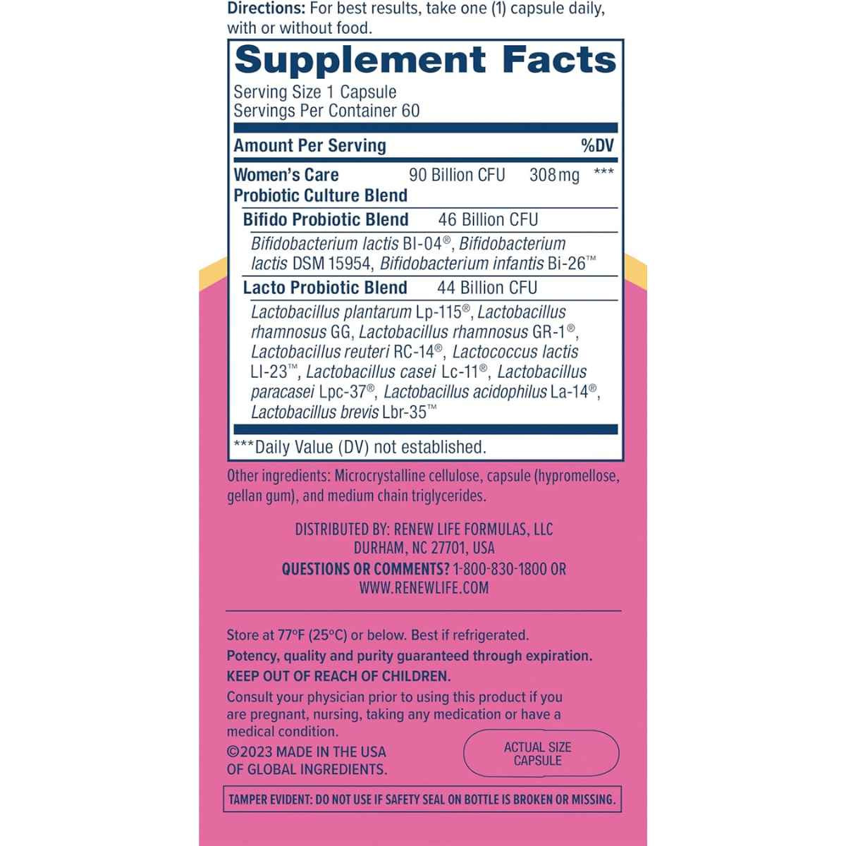 Renew Life Probiótico Cuidado Femenino Integral 90 Mil Millones CFU - 60 Cápsulas Vegetarianas - Tabla Nutricional - Haz Tu Pedido