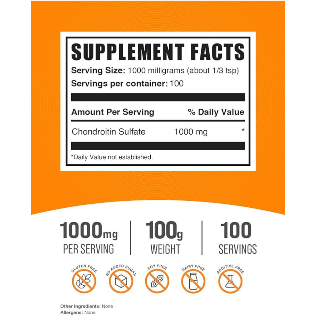 BulkSupplements.com Sulfato de Condroitina 1000 mg - 100 g - Tabla Nutricional - Haz Tu Pedido