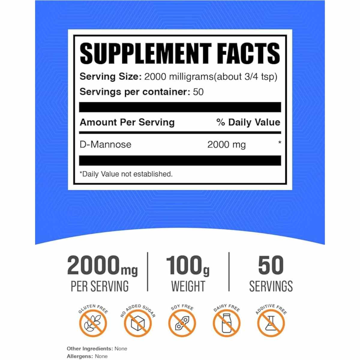 BulkSupplements.com Polvo de D-Manosa 2000 mg - 100 g - Tabla Nutricional - Haz Tu Pedido