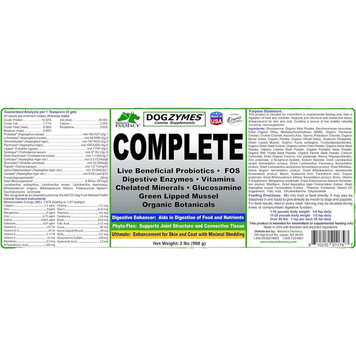 Nature's Farmacy Dogzymes Probióticos Completos para Caninos - 908 g - Tabla Nutricional - Haz Tu Pedido