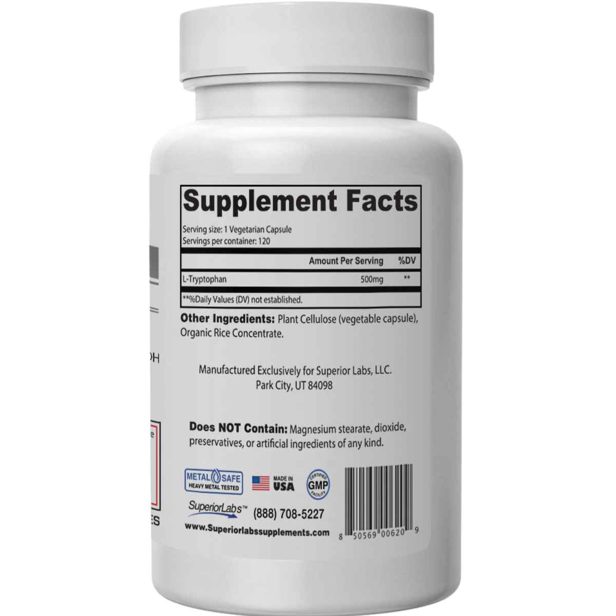 Superior Labs L-Triptófano 500 mg - 120 Cápsulas Vegetales - Tabla Nutricional - Haz Tu Pedido