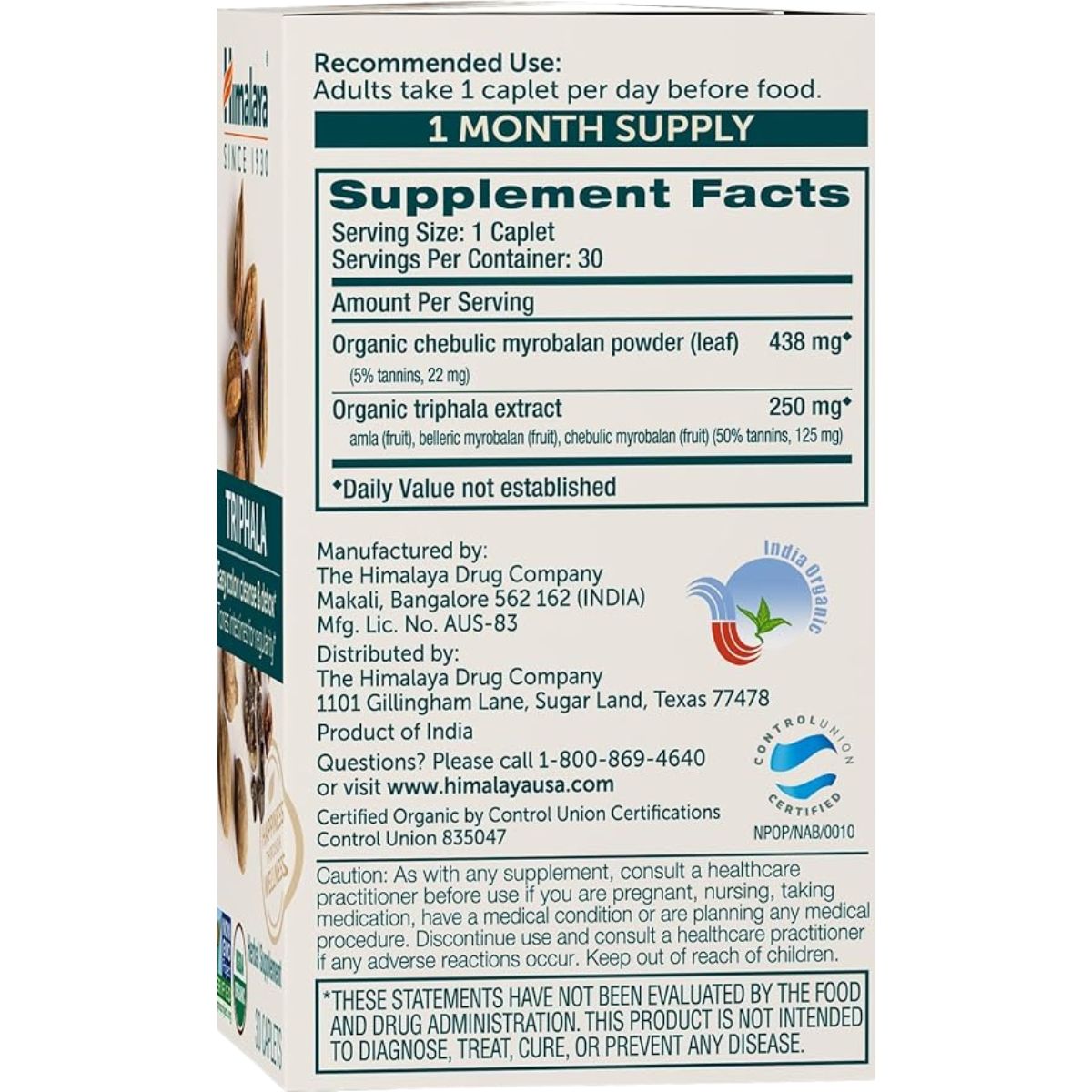 Himalaya Triphala Orgánica - 30 Comprimidos - Tabla Nutricional - Haz Tu Pedido