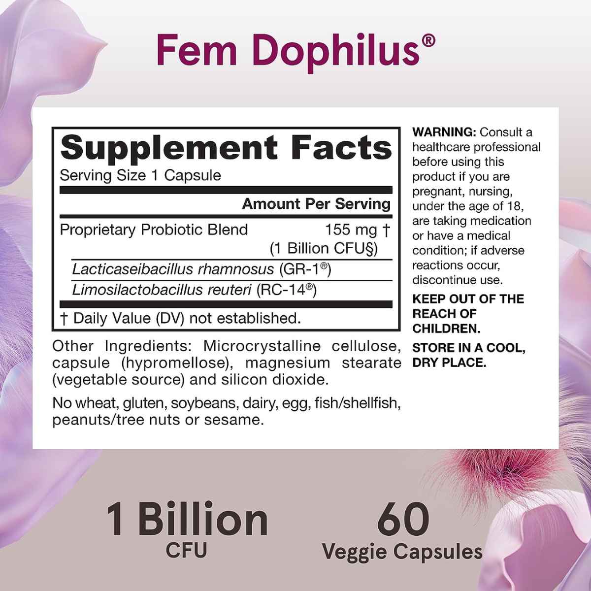 Jarrow Formulas Fem-Dophilus® Probióticos 1 Mil Millones CFU - 60 Cápsulas Vegetales - Tabla Nutricional - Haz Tu Pedido