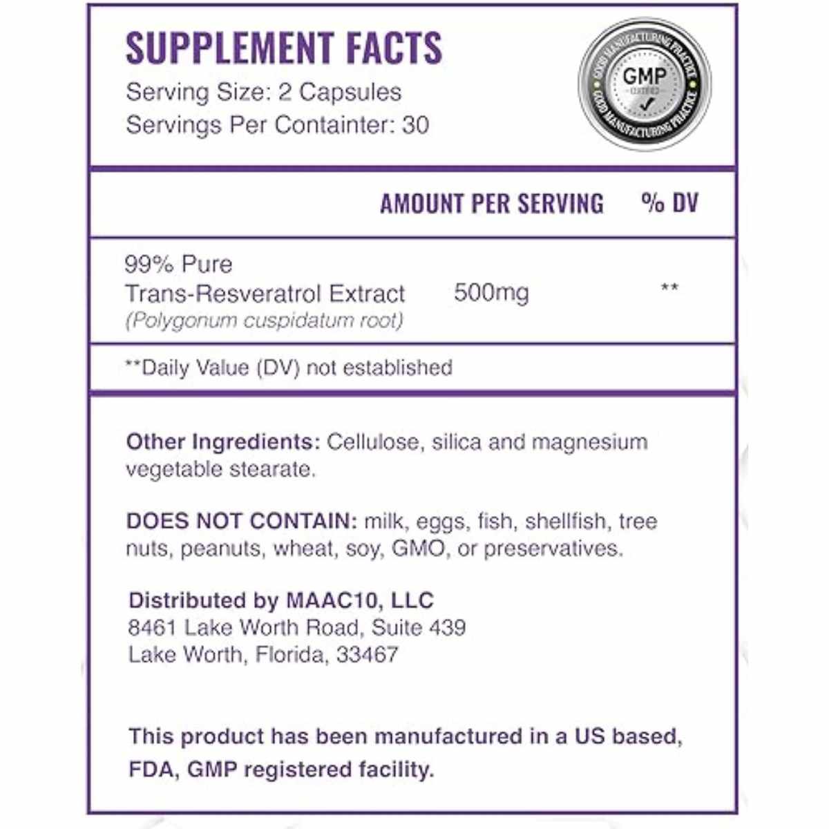 MAAC10 Trans Resveratrol 500 mg - 60 Cápsulas - Tabla Nutricional - Haz Tu Pedido