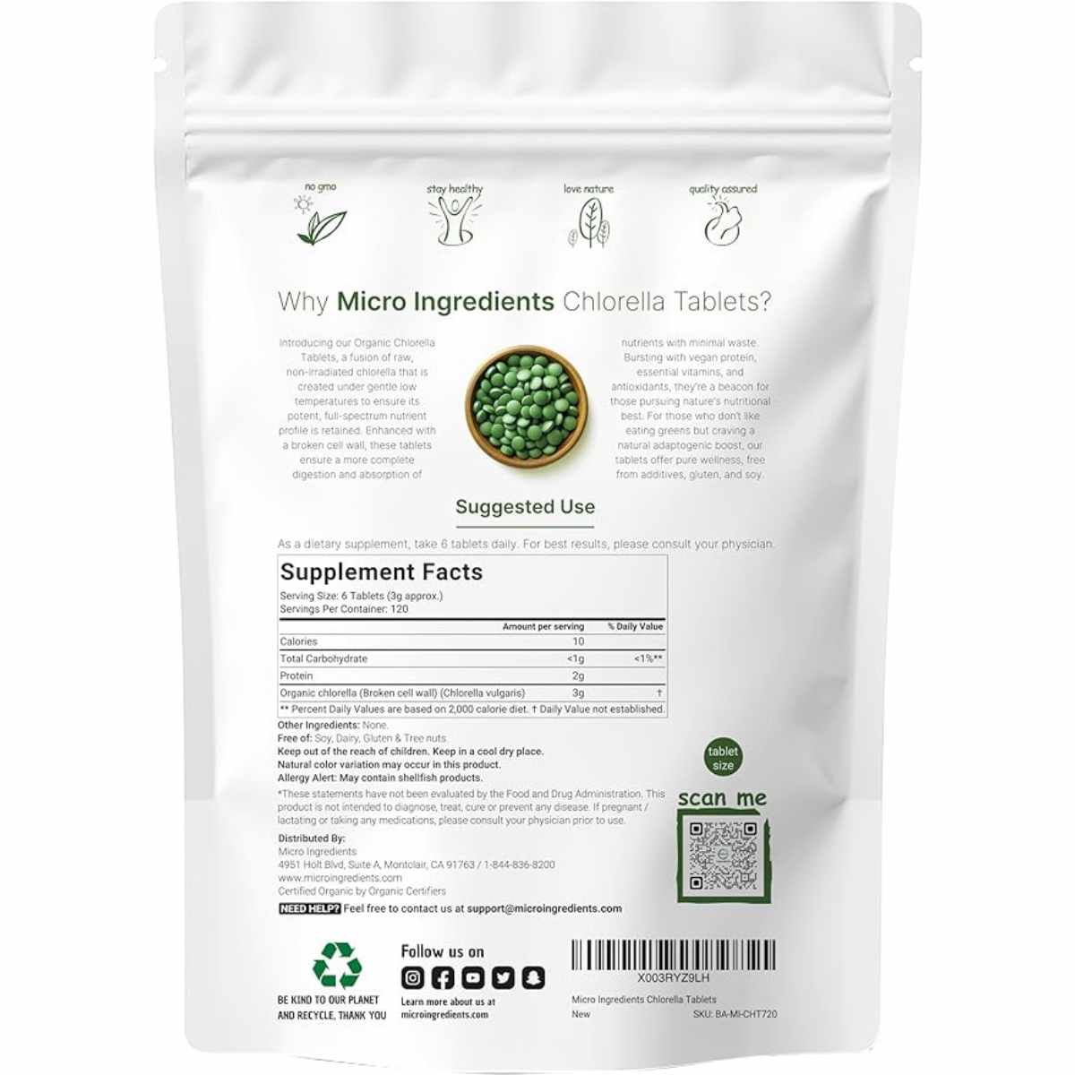 Micro Ingredients Chlorella Orgánica - 720 Tabletas - Tabla Nutricional - Haz Tu Pedido