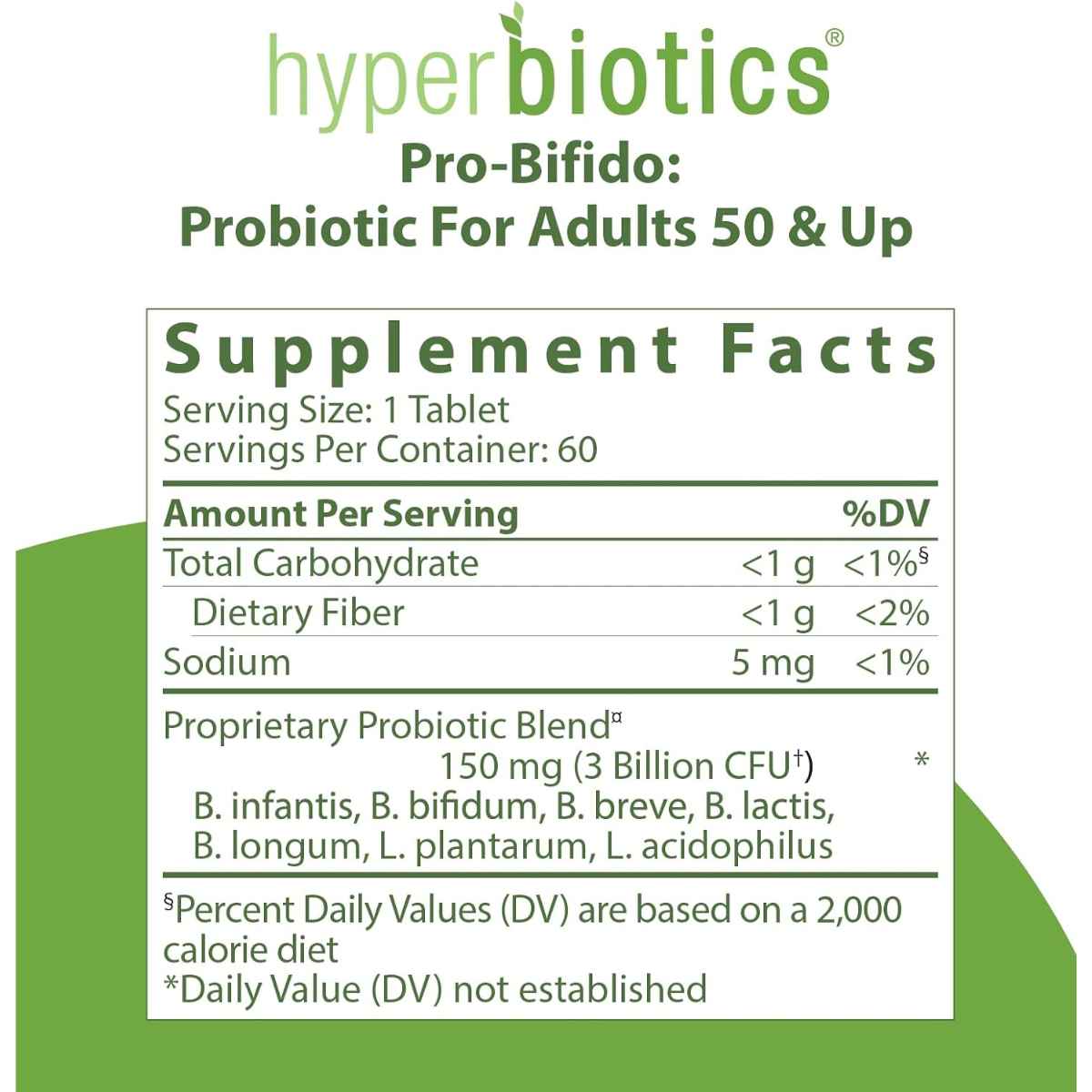 Hyperbiotics Probiótico PRO-Bifido 50+ Refuerzo Inmunitario y Digestivo para Adultos Mayores 3 Mil Millones CFU - 60 Tabletas de Liberación Prolongada - Tabla Nutricional - Haz Tu Pedido