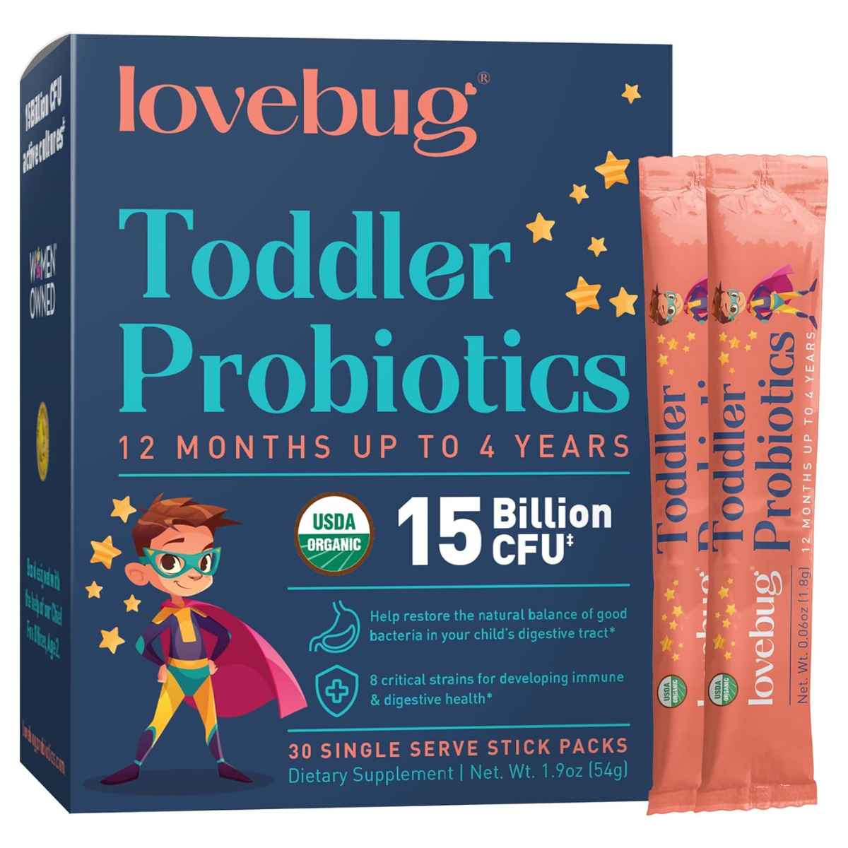 Lovebug Probiotics Probióticos para Niños Pequeños 15 Mil Millones CFU - 30 Tubitos - Haz Tu Pedido