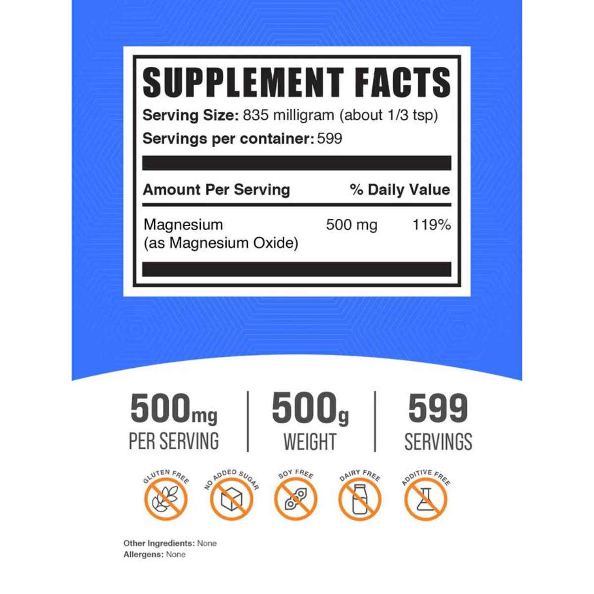 BulkSupplements Óxido de Magnesio 835 mg - 500 g - Tabla Nutricional - Haz Tu Pedido