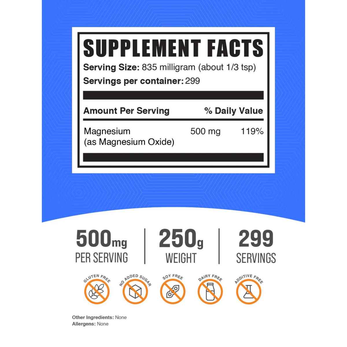 BulkSupplements Óxido de Magnesio 835 mg - 250 g - Tabla Nutricional - Haz Tu Pedido