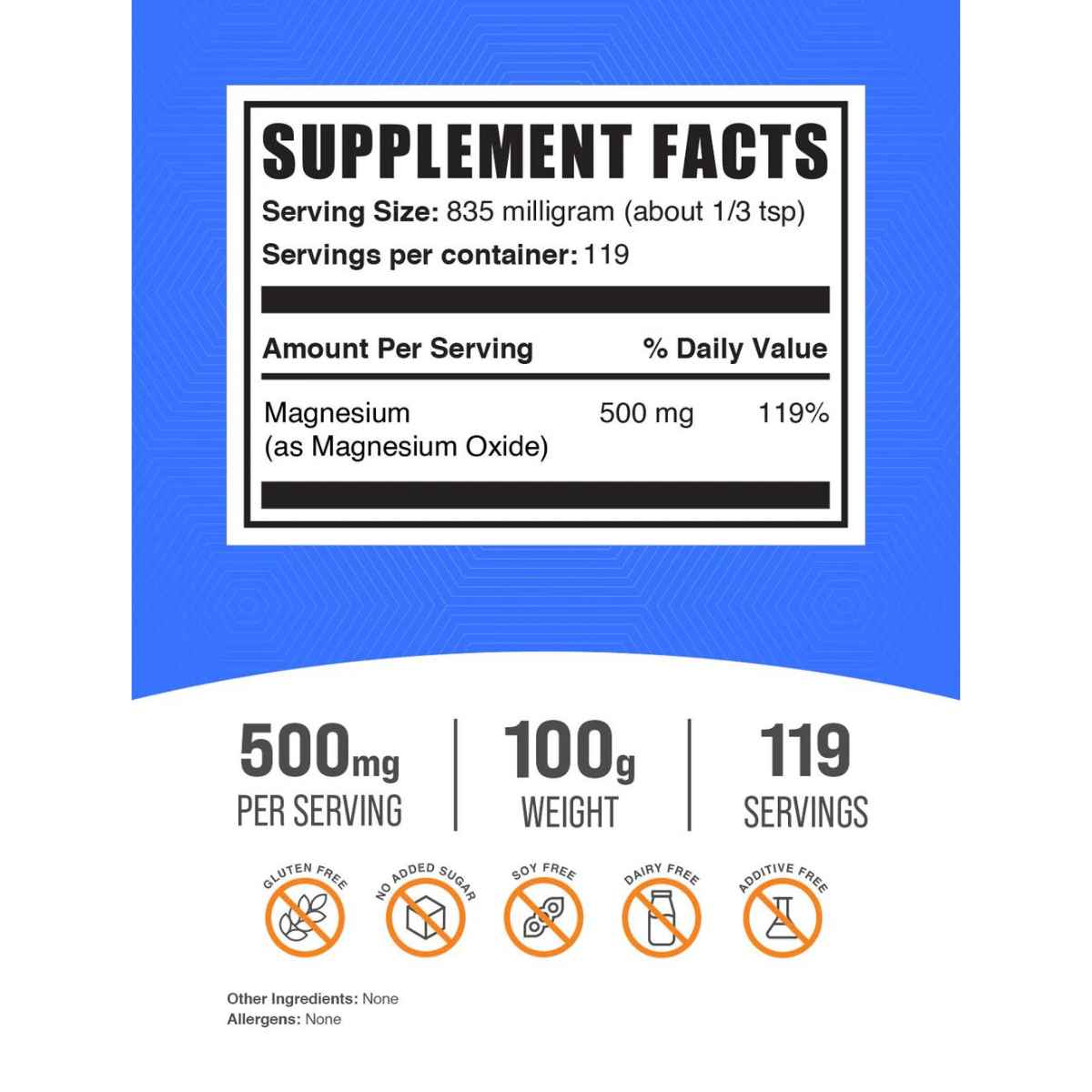 BulkSupplements Óxido de Magnesio 835 mg - 100 g - Tabla Nutricional - Haz Tu Pedido