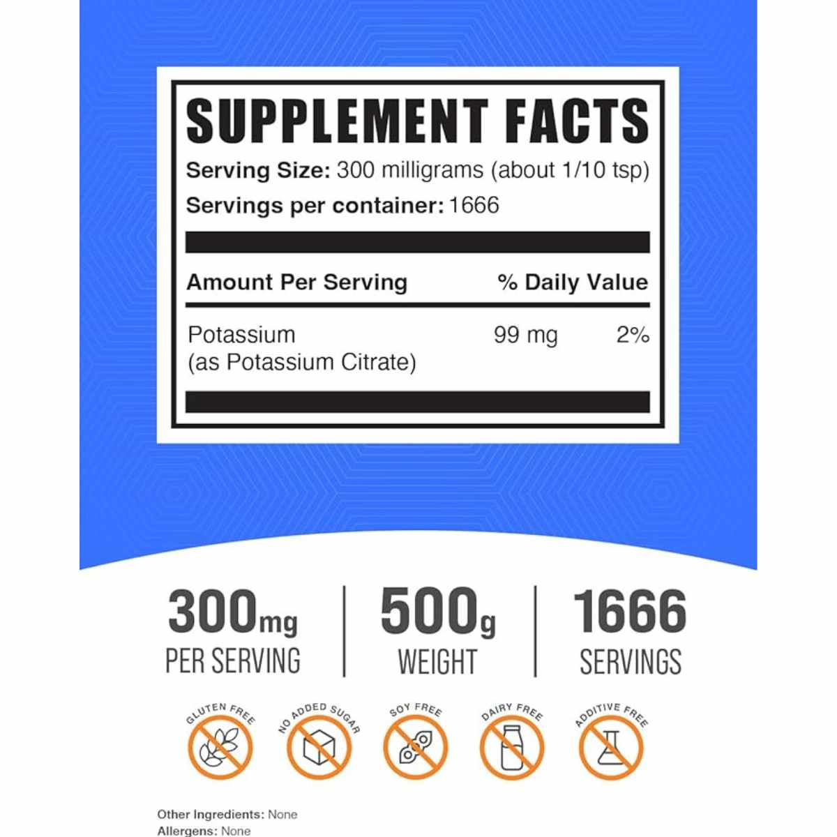 BulkSupplements.com Citrato De Potasio 300 mg - 500 g - Tabla Nutricional - Haz Tu Pedido