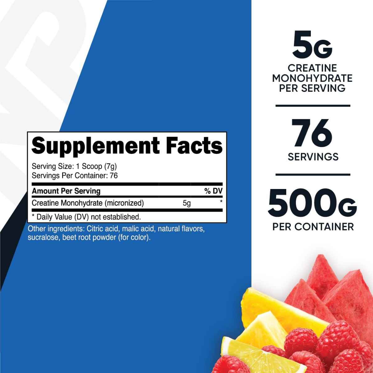 Nutricost Monohidrato de Creatina 5 g - Sabor Ponche de Frutas - 500 g - Tabla Nutricional - Haz Tu Pedido