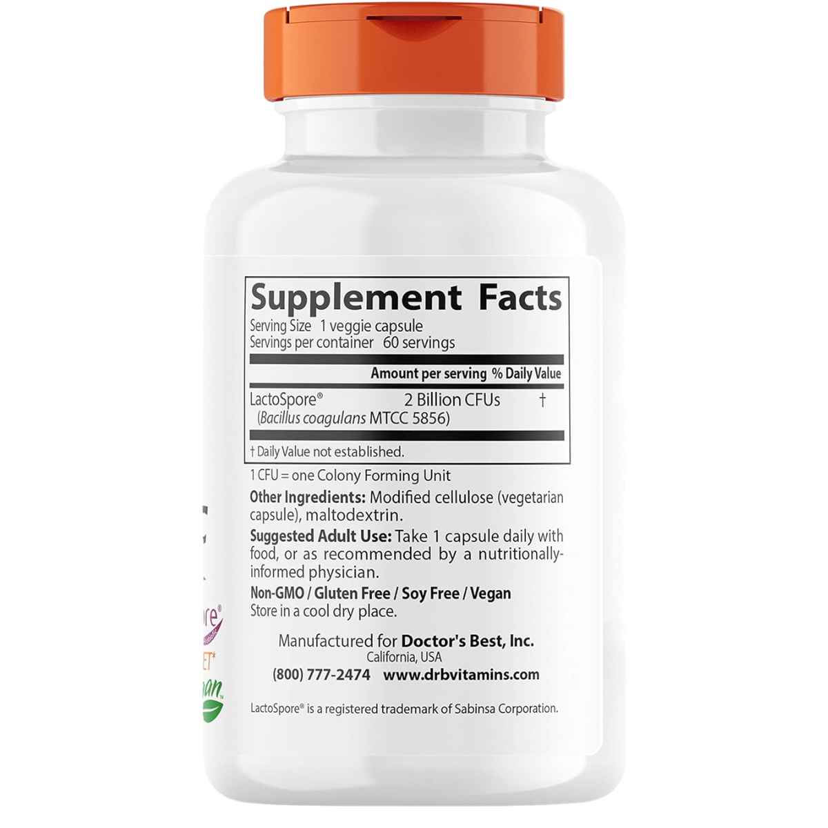 Doctor’s Best Probiótico LactoSpore para una Digestión Saludable 2 Mil Millones CFU - 60 Cápsulas Vegetales - Tabla Nutricional - Haz Tu Pedido