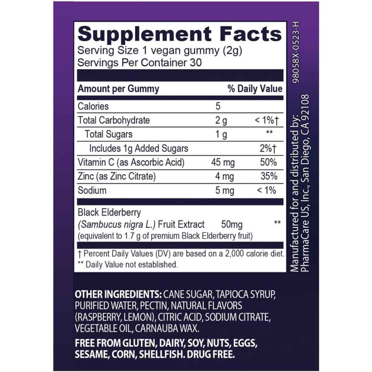 Sambucol Black Elderberry with Vitamin C & Zinc - 30 Gomitas - Tabla Nutricional Haz Tu Pedido