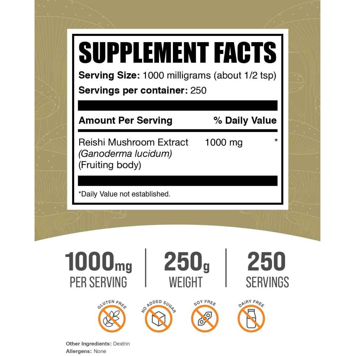 BulkSupplements.com Reishi Inmunidad y Bienestar - Tabla Nutricional - Haz Tu Pedido
