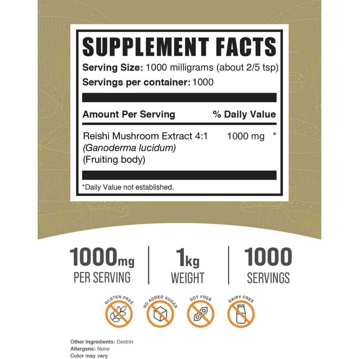 BulkSupplements.com Reishi Inmunidad y Bienestar - Tabla Nutricional - Haz Tu Pedido