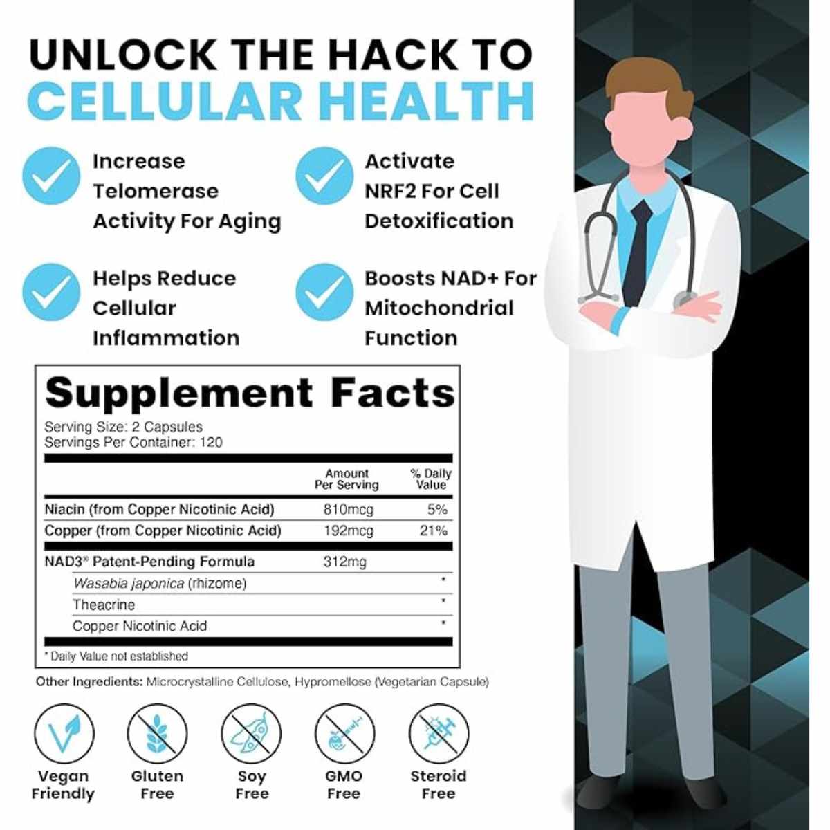 HPN Nutraceuticals NAD - 240 Cápsulas - Tabla Nutricional - Haz Tu Pedido