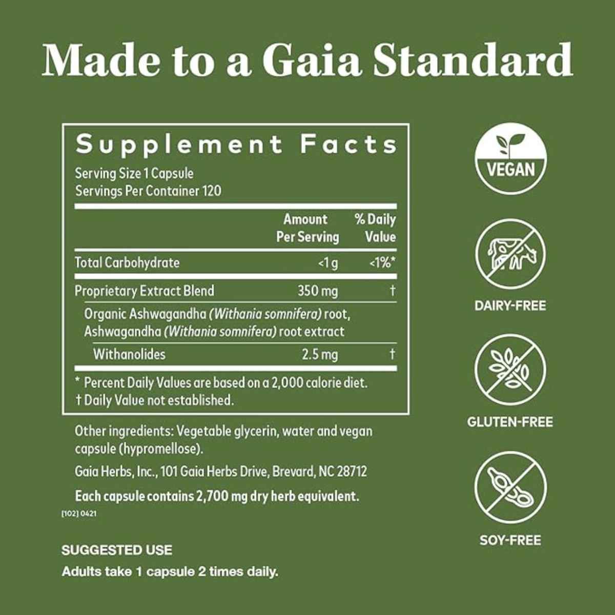 Gaia Herbs Raíz de Ashwagandha - 120 Cápsulas - Tabla Nutricional - Haz Tu Pedido