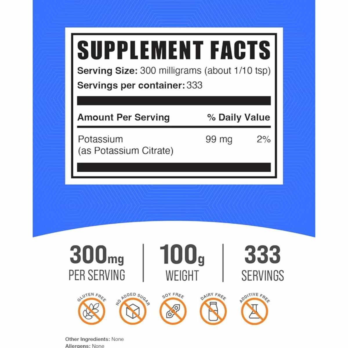 BulkSupplements.com Citrato De Potasio 300 mg - 100 g - Tabla Nutricional - Haz Tu Pedido