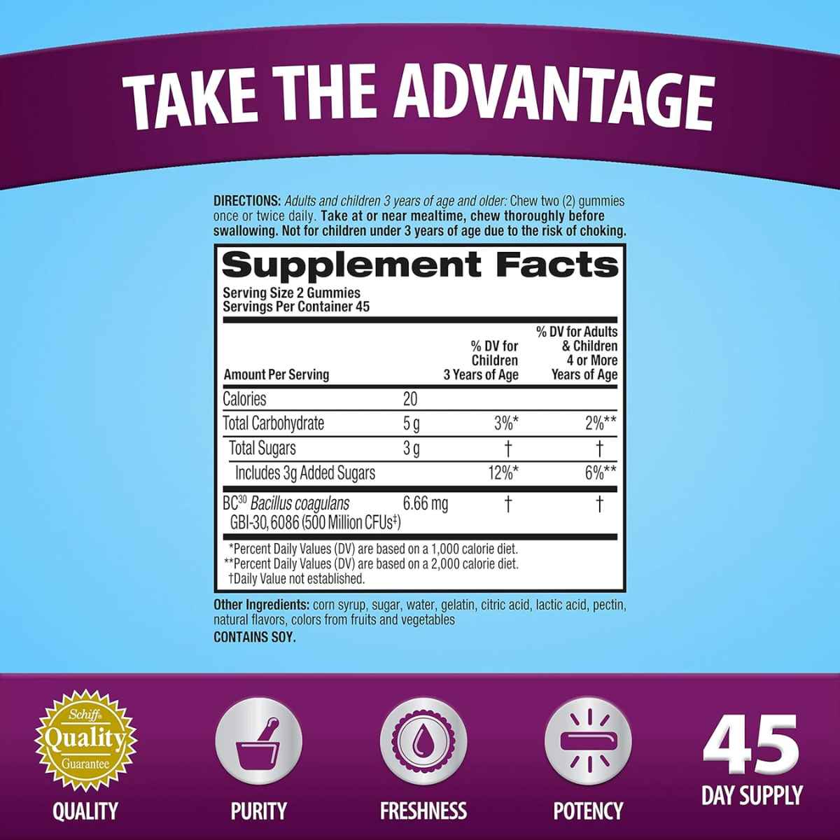 Schiff Digestive Advantage Probiótico Diario 50 Mil Millones CFU - Sabor Superfruta - 90 Gomitas - Tabla Nutricional - Haz Tu Pedido