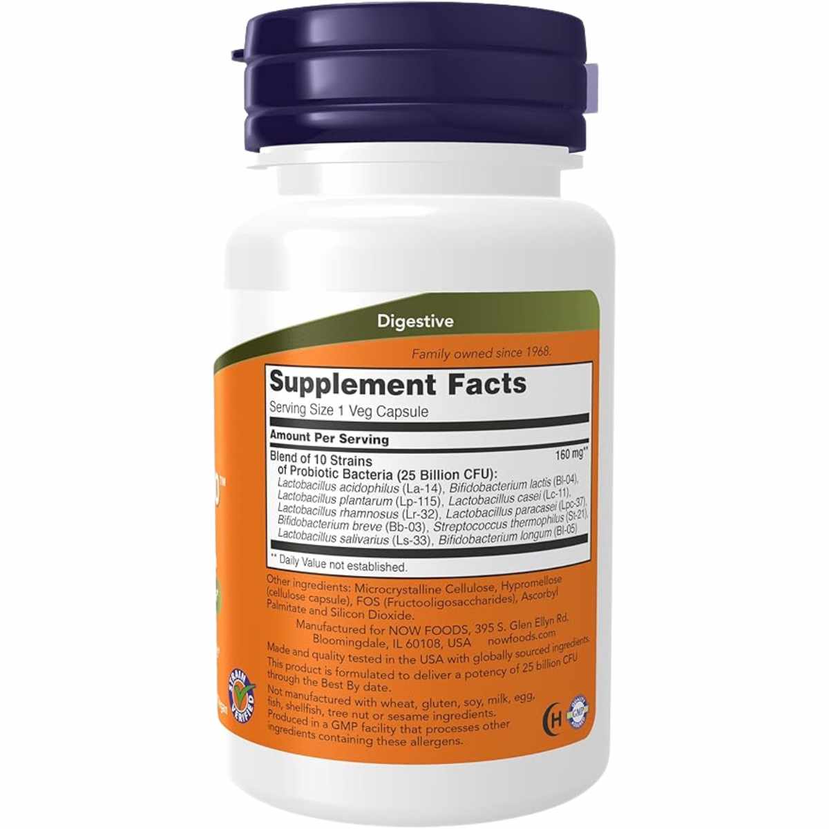 NOW Foods Probioticos-10™ 25 Mil Millones - 180 Cápsulas Vegetales - Tabla Nutricional - Haz Tu Pedido