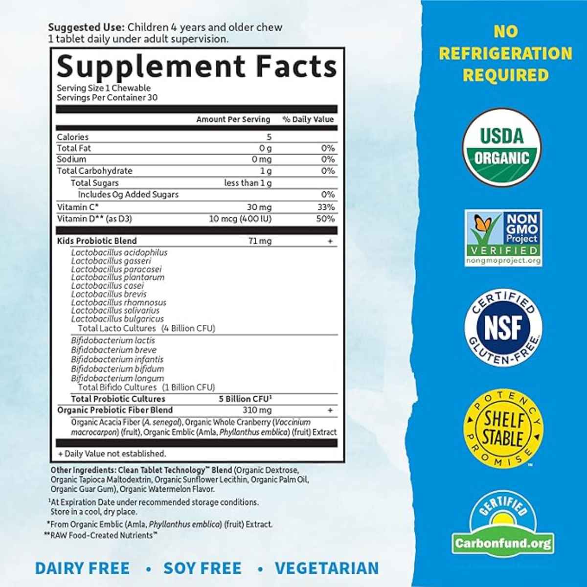 Garden of Life Probióticos Orgánicos Para Niños 5 Mil Millones - Sabor Bayas de Cereza - 30 Tabletas Masticable - Tabla Nutricional - Haz Tu Pedido