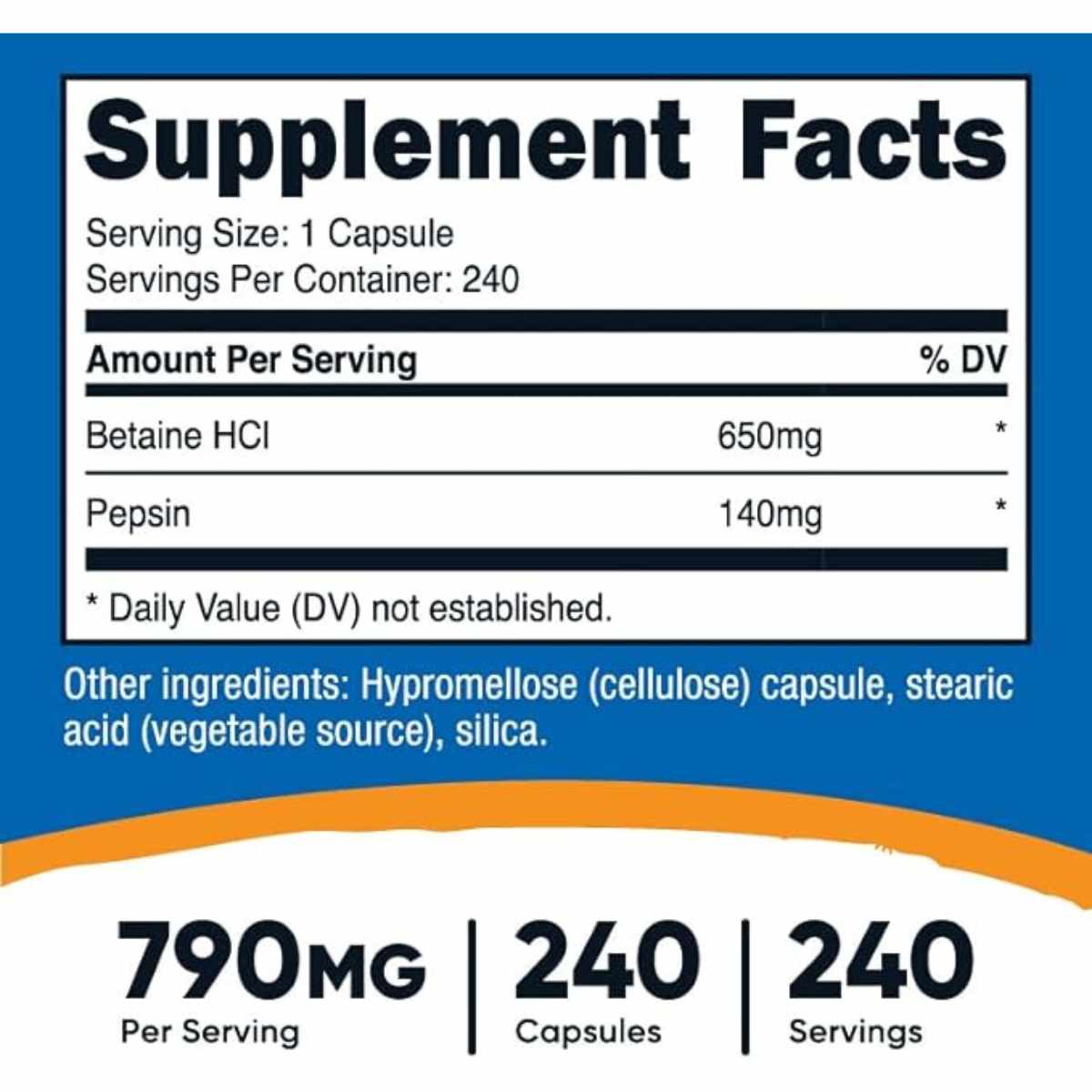 Nutricost Betaína HCI + Pepsina 790 mg - 240 Cápsulas - Tabla Nutricional - Haz Tu Pedido