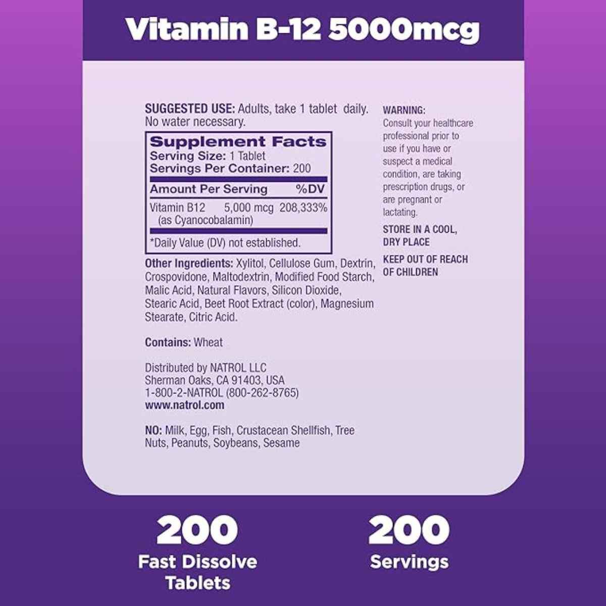 Natrol Vitamina B12 5000 mcg - Sabor Fresa - 200 Tabletas - Tabla Nutricional - Haz Tu Pedido