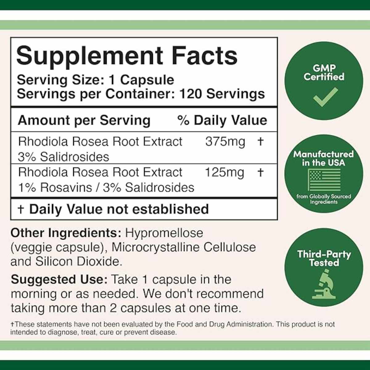 Double Wood Supplements Extracto de Rhodiola Rosea 500 mg - 120 Cápsulas - Tabla Nutricional - Haz Tu Pedido