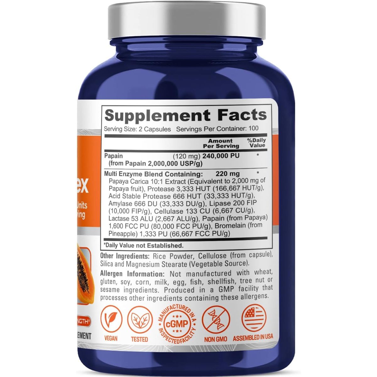 NusaPure Papaya Papain Enzyme - 200 Cápsulas Vegetales