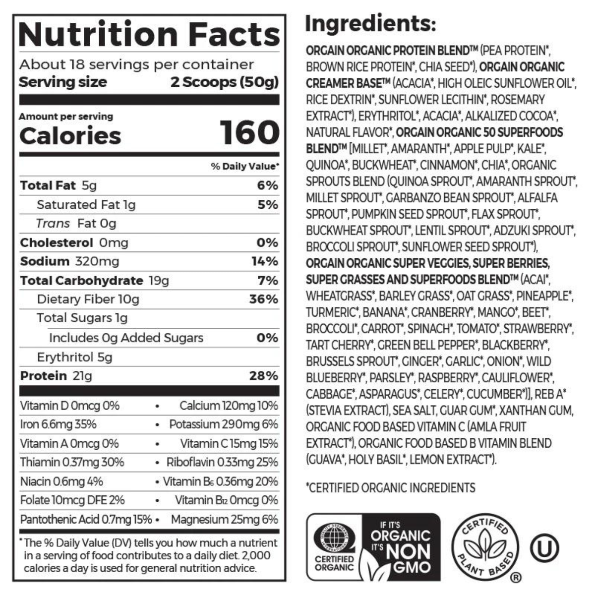 Solgar Proteína Orgánica + Superalimento - 918 g - Tabla Nutricional - Haz Tu Pedido