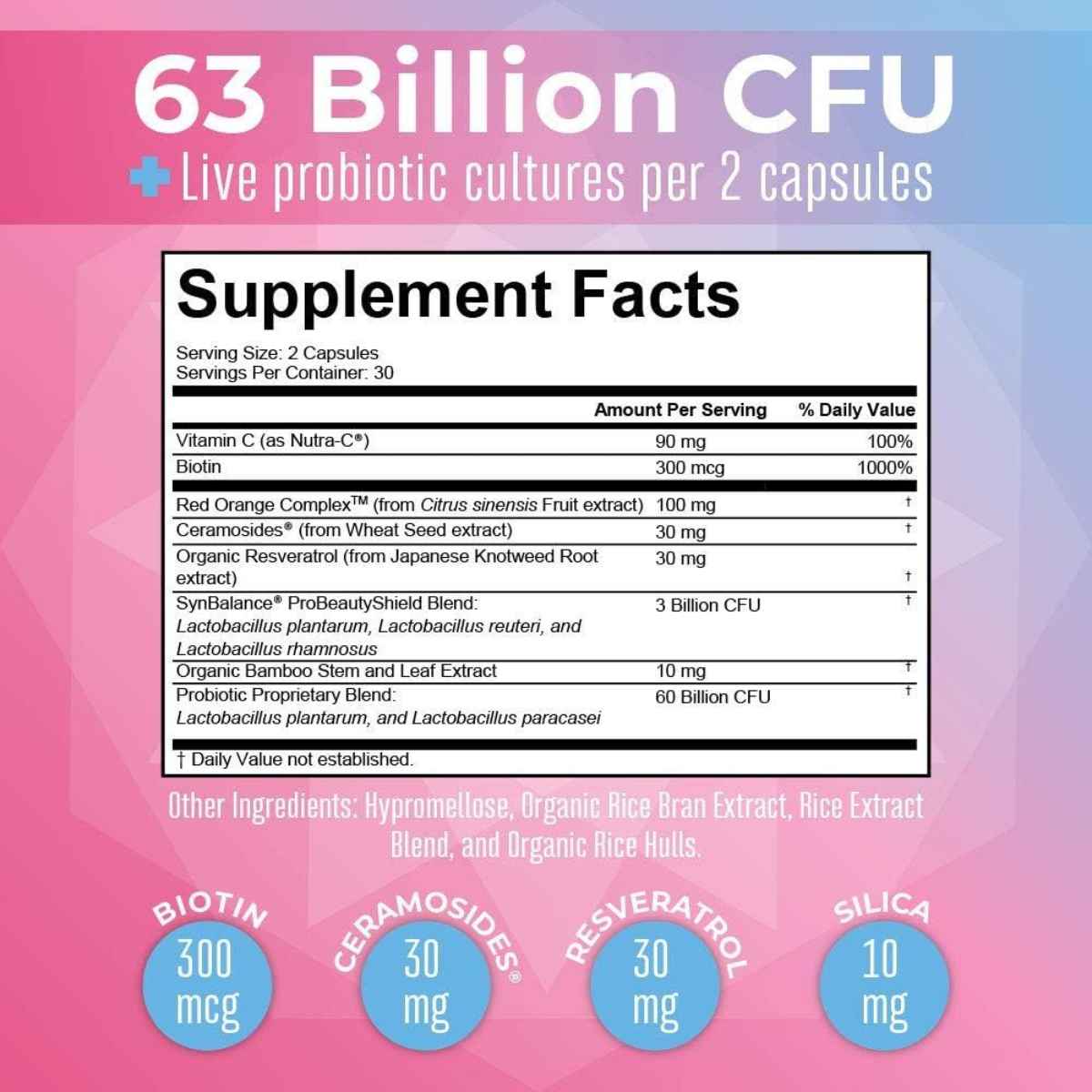 MaryRuth Organics Belleza Interior con Probióticos 63 Mil Millones CFU - 60 Cápsulas - Tabla Nutricional - Haz Tu Pedido