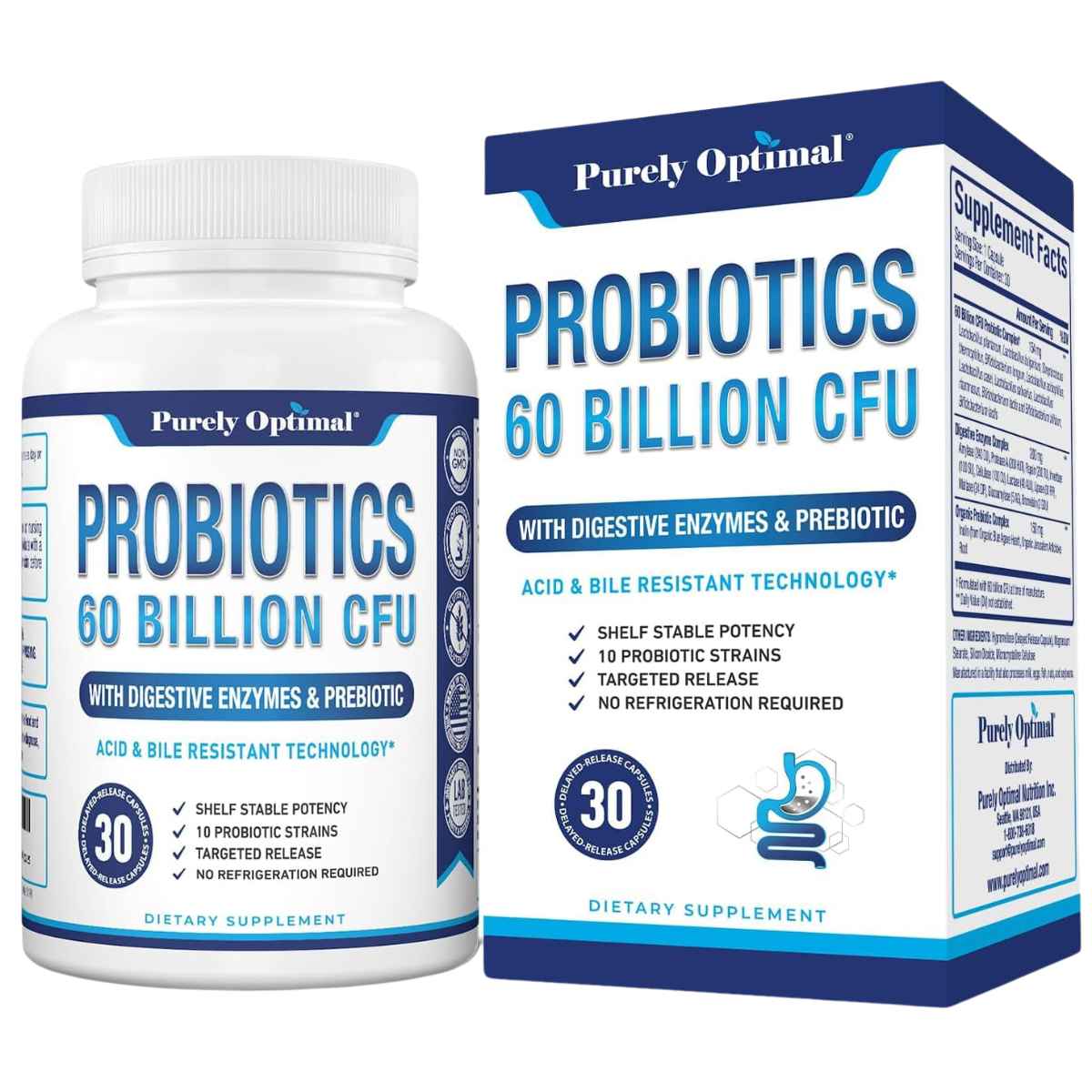 Purely Optimal Probioticos 60 Mil Millones CFU - 30 Cápsulas de Liberación Retardada - Haz Tu Pedido