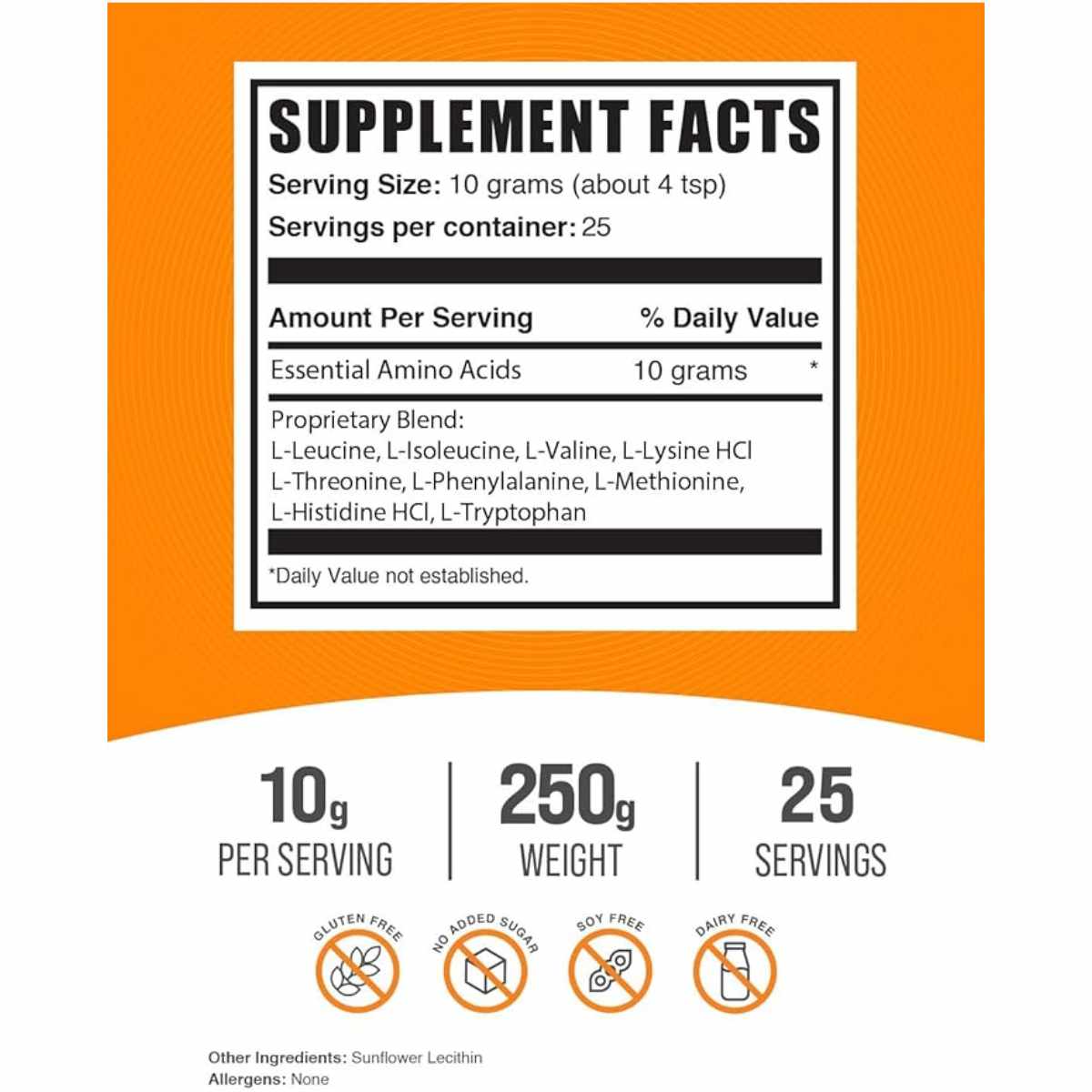 BulkSupplements.com Aminoácidos Esenciales (EAA) - 250 g - Tabla Nutricional - Haz Tu Pedido