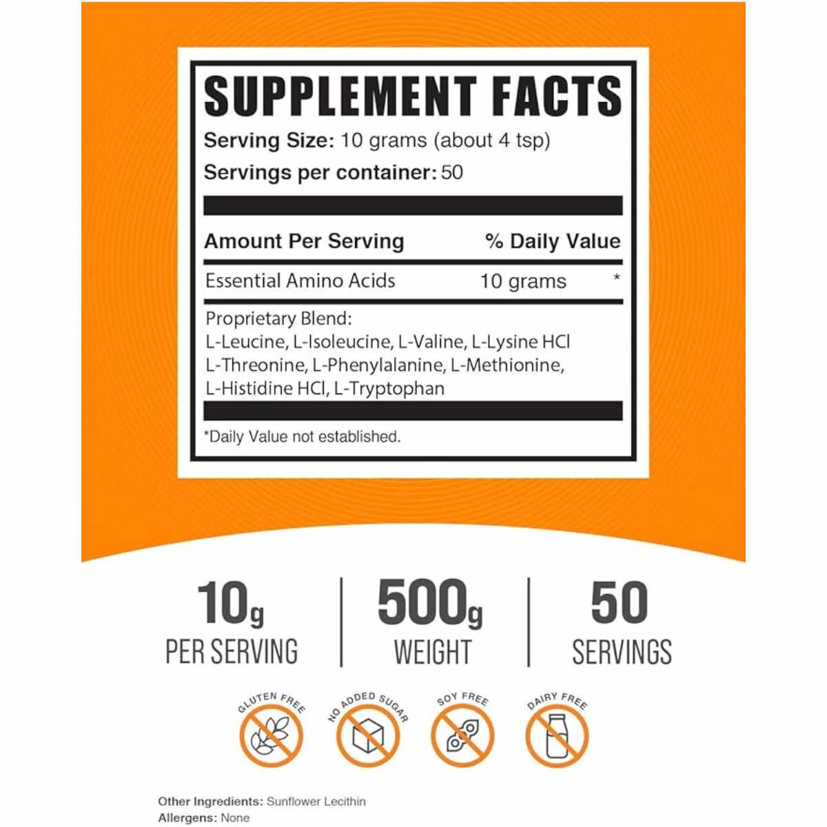 BulkSupplements.com Aminoácidos Esenciales (EAA) - 500 g - Tabla Nutricional - Haz Tu Pedido