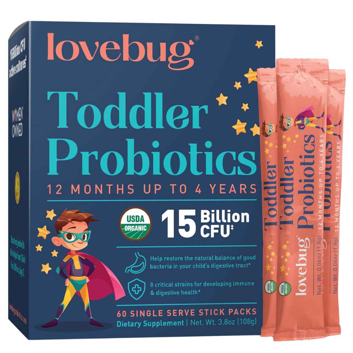 Lovebug Probiotics Probióticos para Niños Pequeños 15 Mil Millones CFU - 60 Tubitos - Haz Tu Pedido