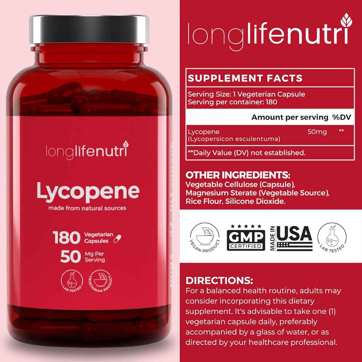 LongLifeNutri Lycopene 50 mg - 180 Cápsulas Vegetarianas - Haz Tu Pedido