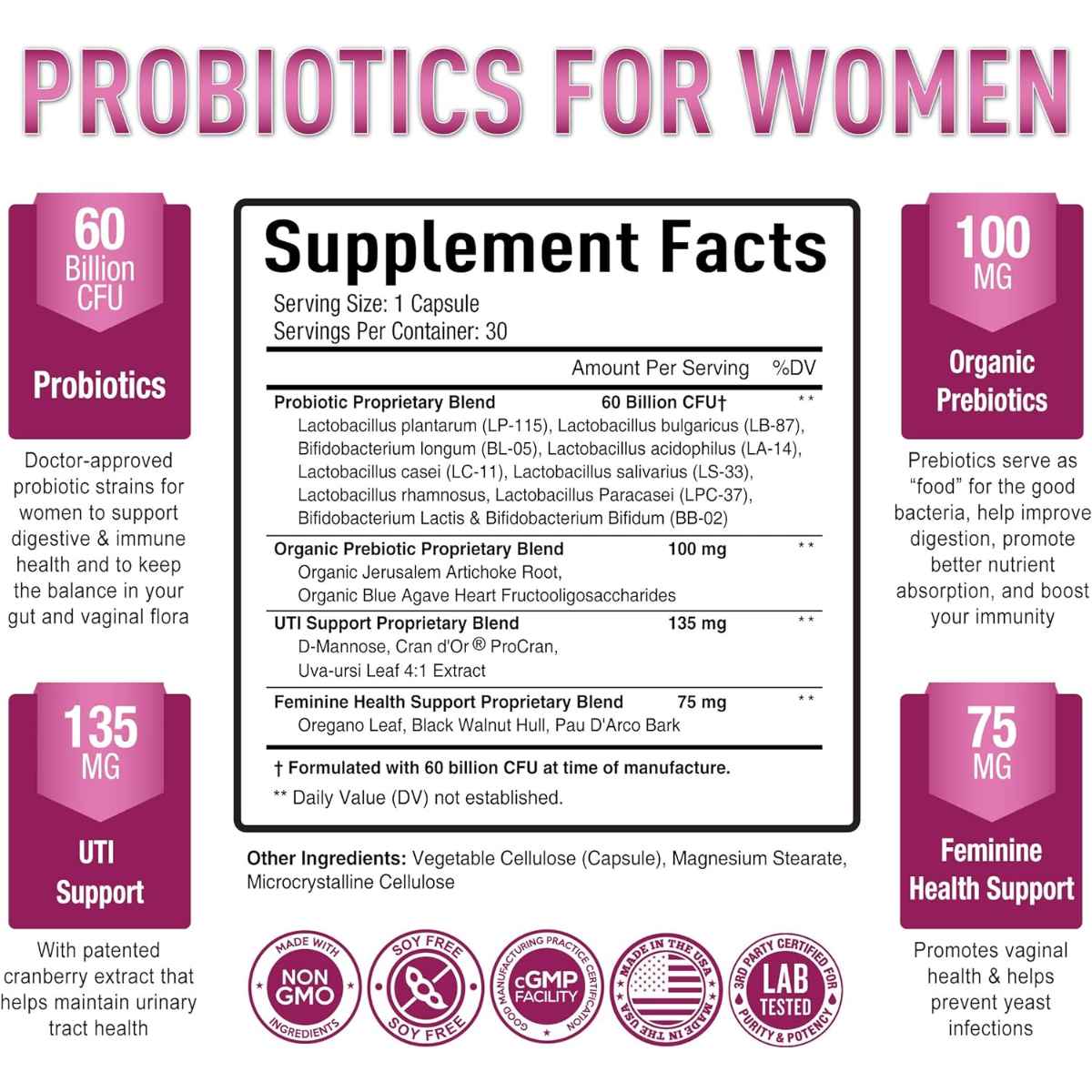 Purely Optimal Probióticos para Mujeres 60 Mil Millones CFU - 30 Cápsulas - Tabla Nutricional - Haz Tu Pedido