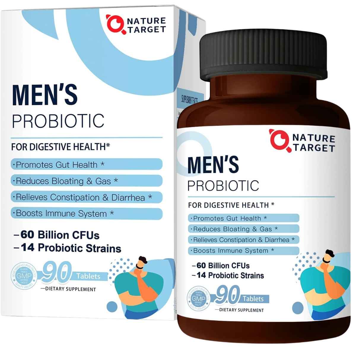 Nature Target Probiótico para Hombres Bienestar Intestinal y Mental 60 Mil Millones CFU - 90 Tabletas - Haz Tu Pedido