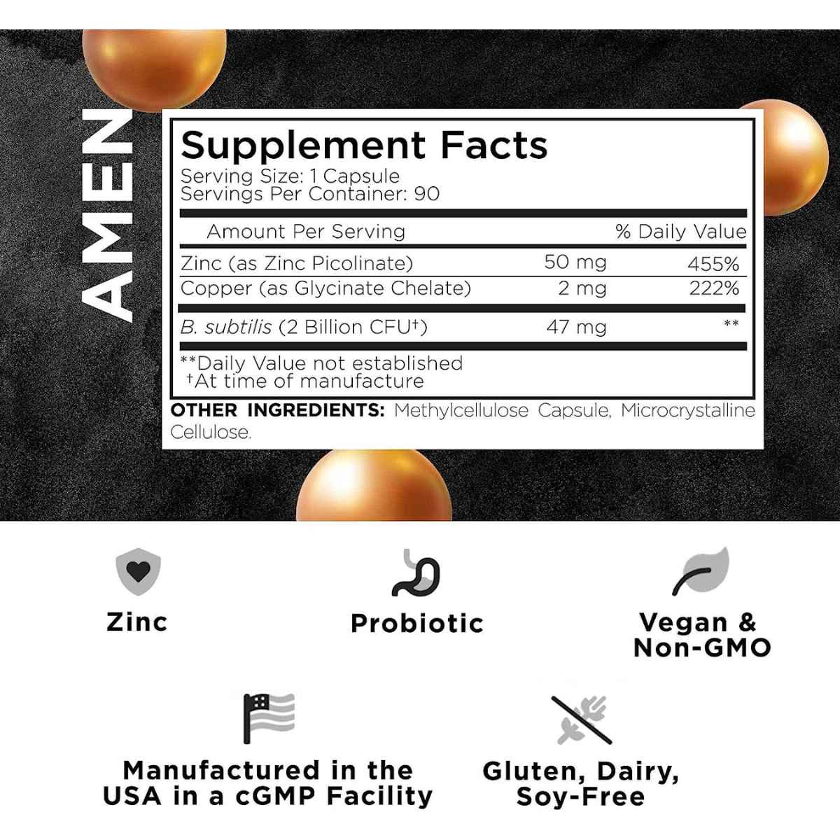Amen Suplemento de Zinc Y Cobre con Probióticos - 90 Cápsulas Vegetales - Tabla Nutricional - Haz Tu Pedido