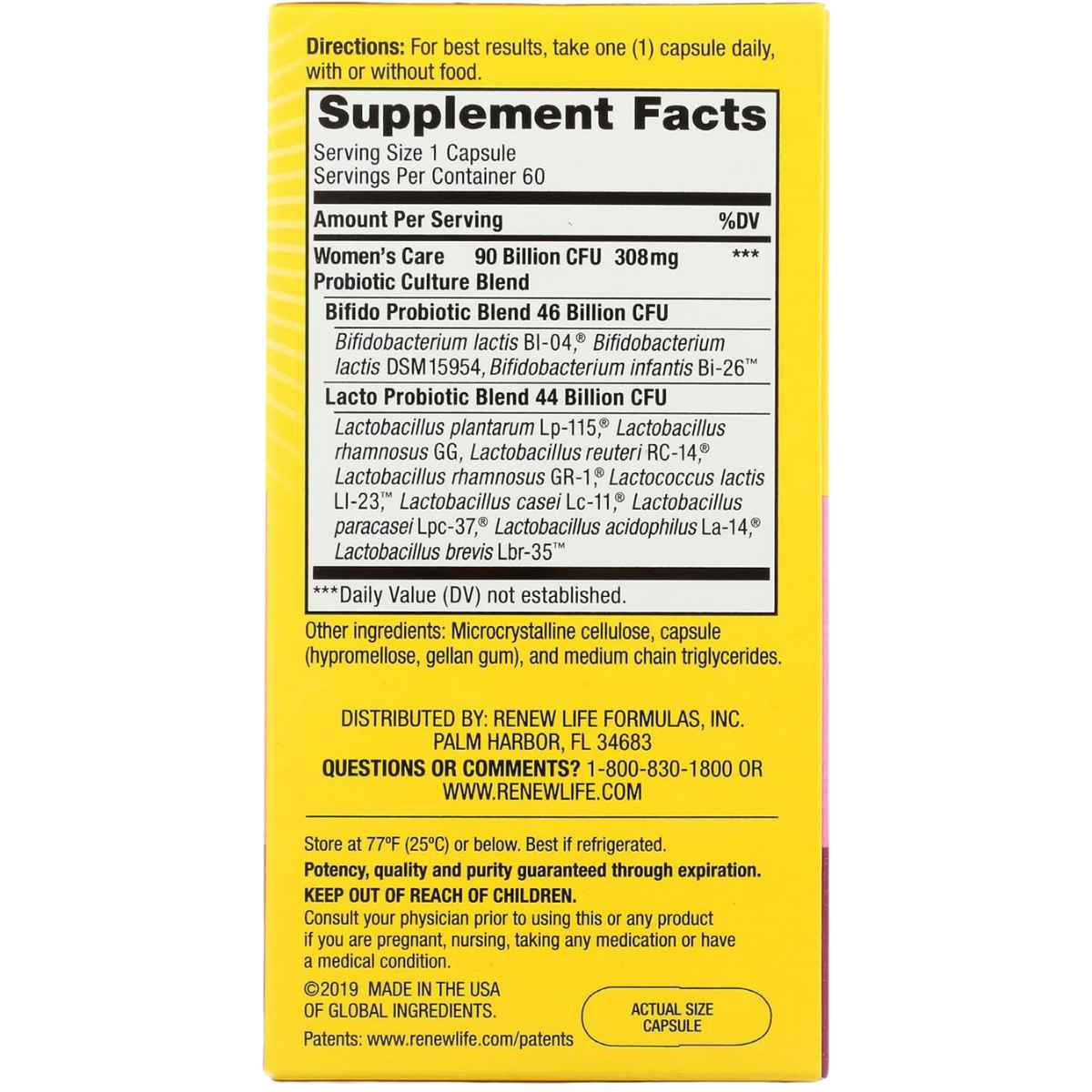 Renew Life Ultimate Flora Cuidado Digestivo para Mujeres 90 Mil Millones CFU - 60 Cápsulas Vegetarianas - Tabla Nutricional - Haz Tu Pedido