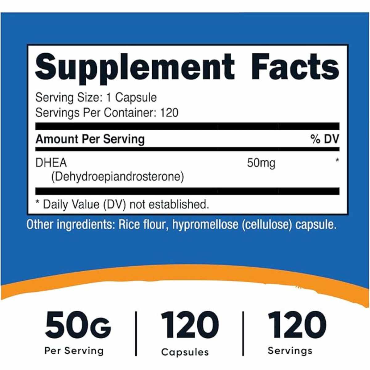 Nutricost DHEA 50 mg - 120 Cápsulas - Tabla Nutricional - Haz Tu Pedido