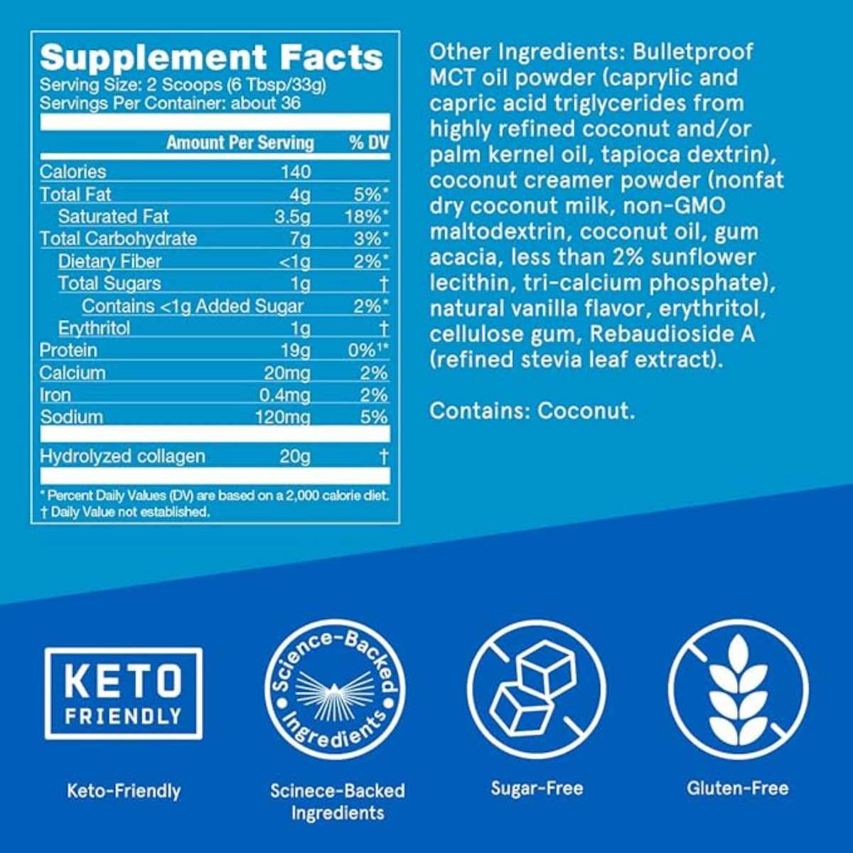 Bulletproof Péptidos de Colágeno - Sabor Vainilla - 1,2 kg - Tabla Nutricional - Haz Tu Pedido