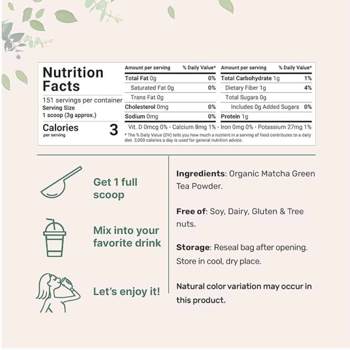 Micro Ingredients Té Verde Matcha Orgánico - 454 g - Tabla Nutricional - Haz Tu Pedido