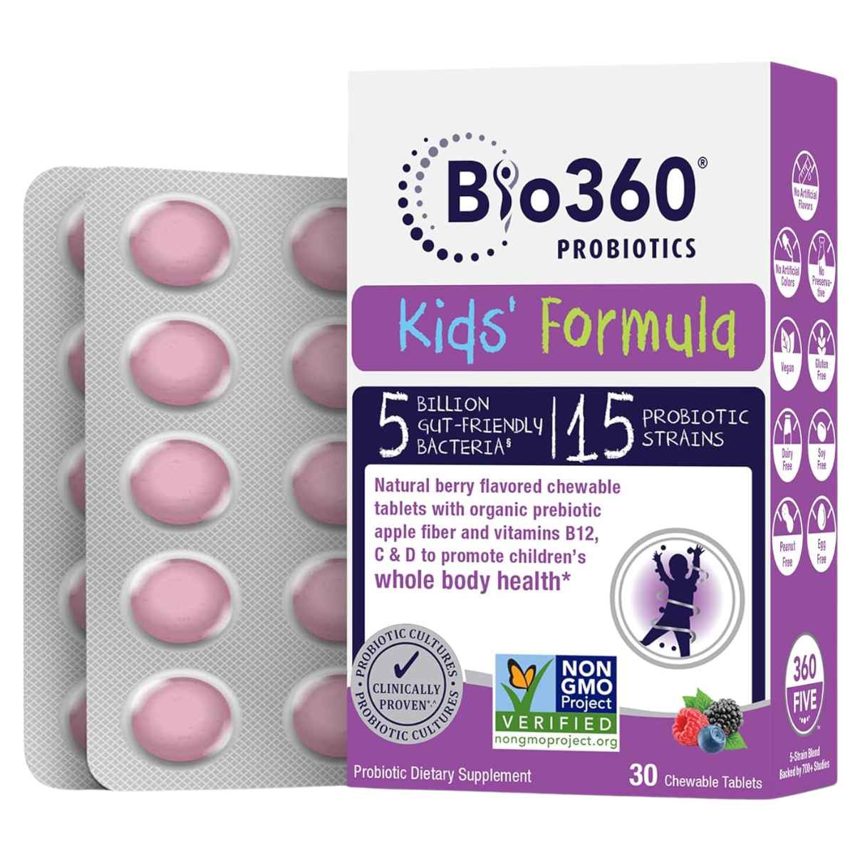 Bio360 Suplemento Probiótico Infantil para el Soporte Diario del Sistema Digestivo 5 Mil Millones CFU - Sabor Mezcla de Bayas - 30 Tabletas Masticable - Haz Tu Pedido