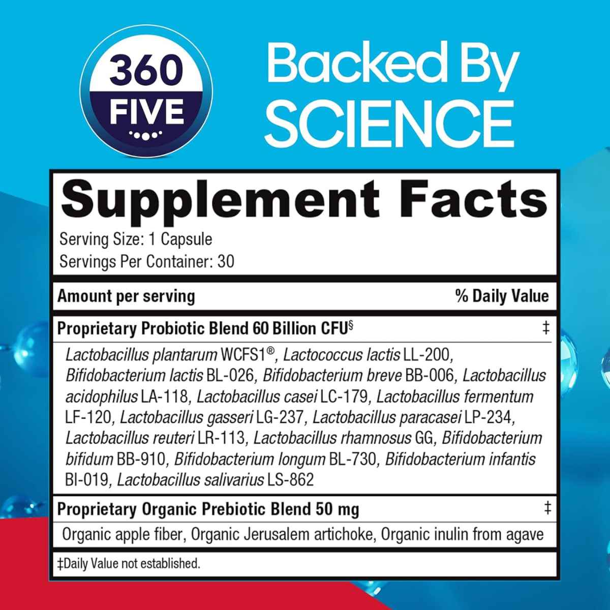Bio360 Suplemento Probiótico Diario de Alta Potencia 60 Mil Millones CFU - 30 Cápsulas de Liberación Retardada - Tabla Nutricional - Haz Tu Pedido