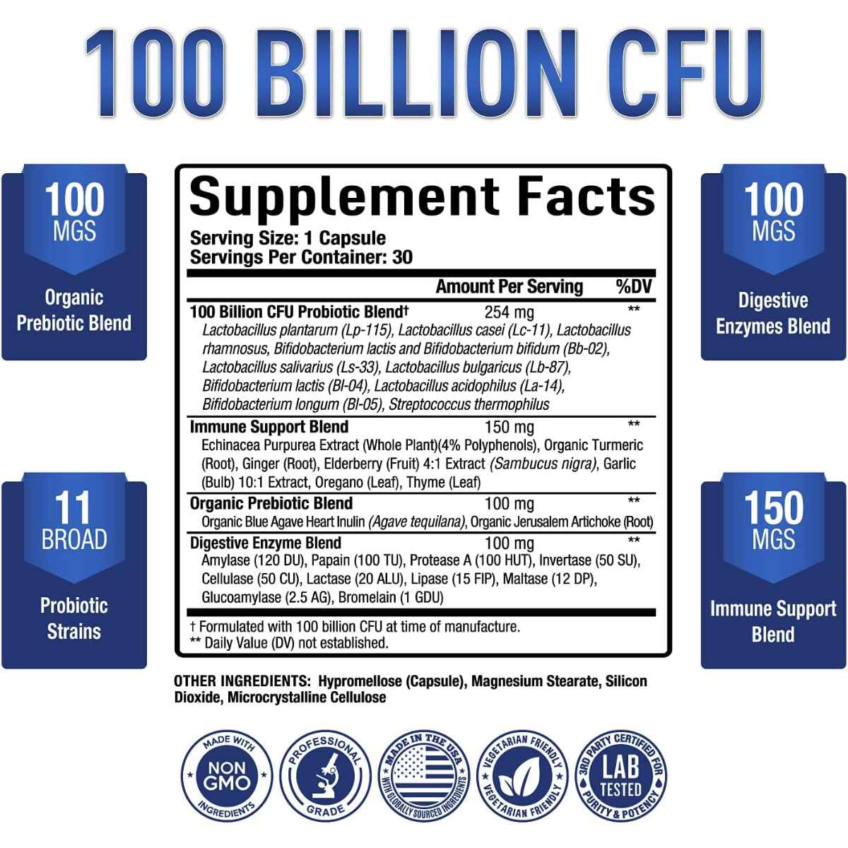 Purely Optimal Probioticos 100 Mil Millones CFU - 30 Cápsulas Vegetales - Tabla Nutricional - Haz Tu Pedido