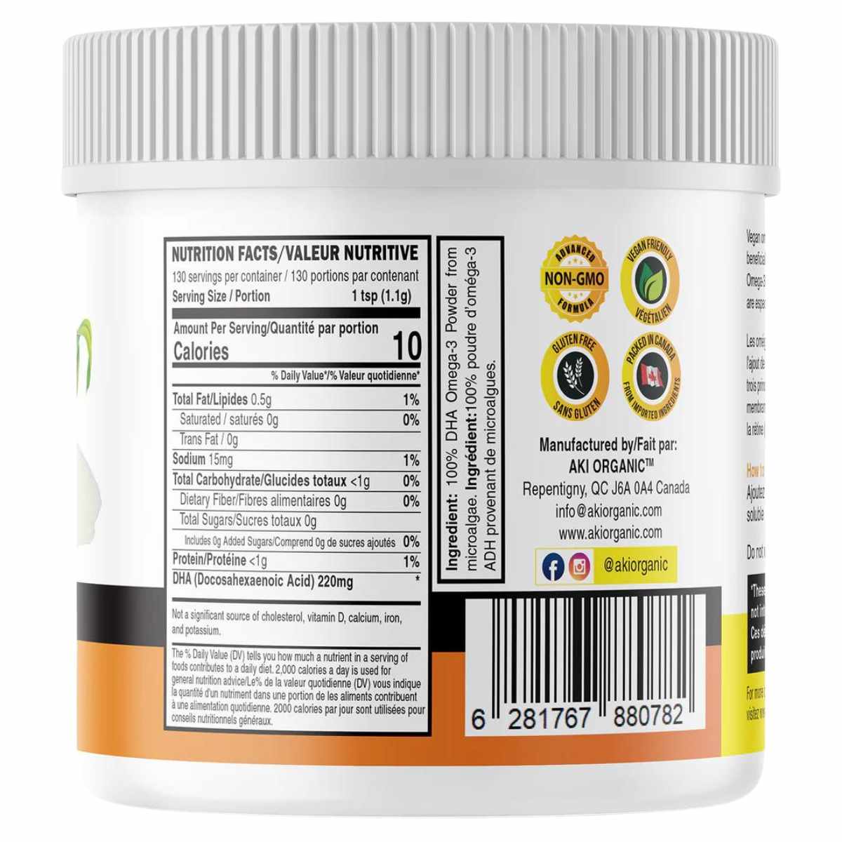Aki Organic Omega 3 DHA - 130 g - Tabla Nutricional - Haz Tu Pedido